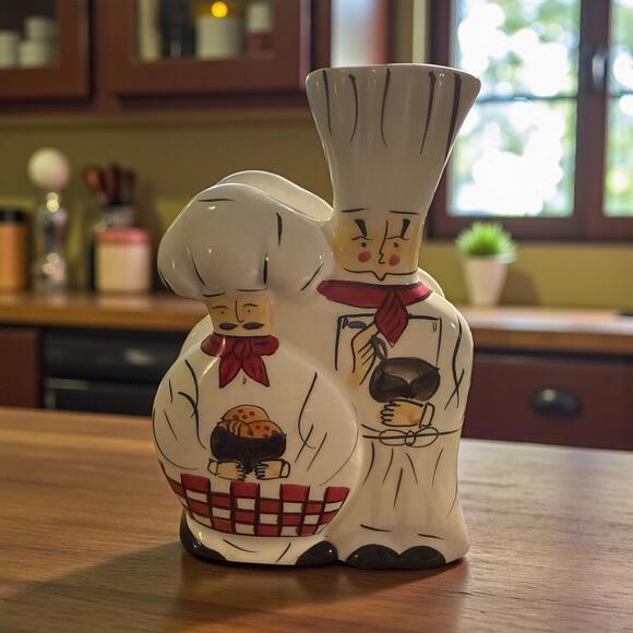 Fat & Skinny Chef Salt & Pepper, Napkin Holder and Spoonrest Red & White Ceramic - Picture 6 of 14